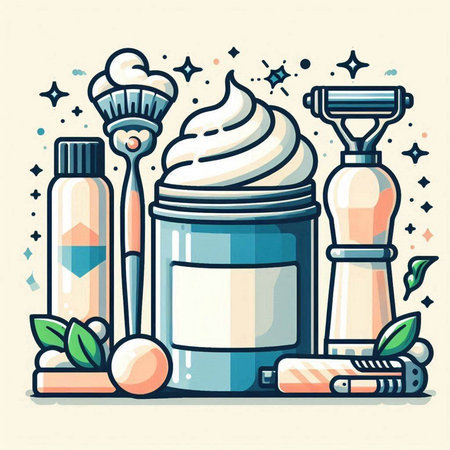 Cosmetic set. Cream, lotion, cream, razor, shaving foam, brush. Vector illustration.のイラスト素材