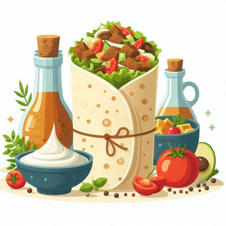 Tortilla with vegetables, herbs and sauce. Vector illustration.のイラスト素材
