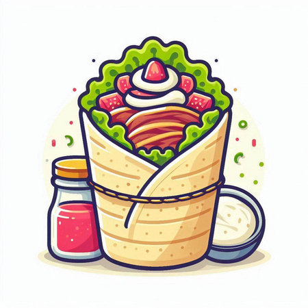 Tortilla with meat, sauce and vegetables. Vector illustration.のイラスト素材