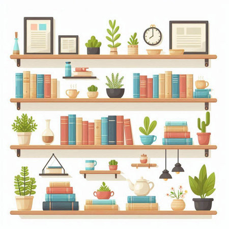 Set of bookshelves with different books and plants. Vector illustrationのイラスト素材
