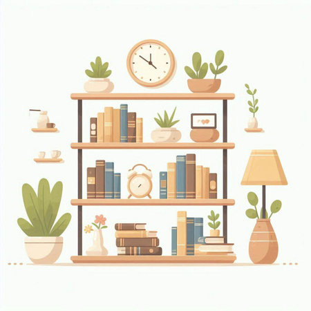 Vector illustration of bookshelves with books, alarm clock, coffee cup, potted plants.のイラスト素材