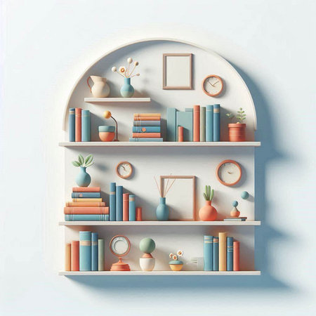 Bookshelf with books and decorations on the wall. 3d renderingのイラスト素材