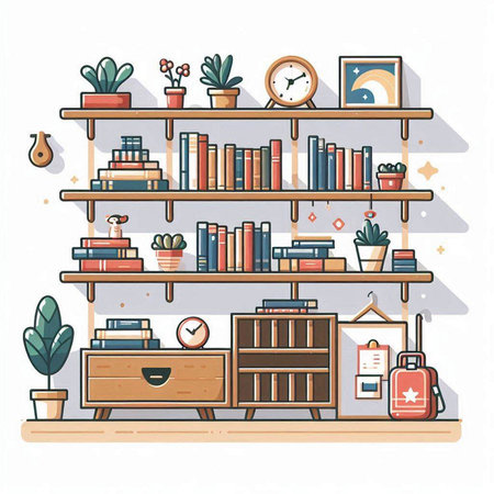 Bookshelf with books and accessories. Flat style vector illustration.のイラスト素材