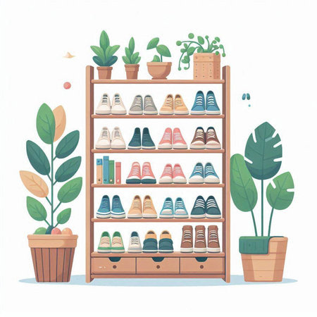 Vector illustration of a shelf with different shoes and plants. Flat style.のイラスト素材