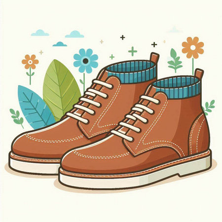 Vector illustration of a pair of men's boots on a background of flowersのイラスト素材