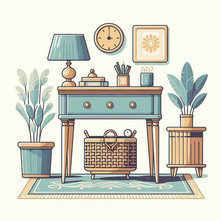 Vector illustration of a living room interior with furniture and plants. Flat style.のイラスト素材