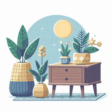 Illustration of a cozy home interior with a nightstand, plants and a full moon.のイラスト素材