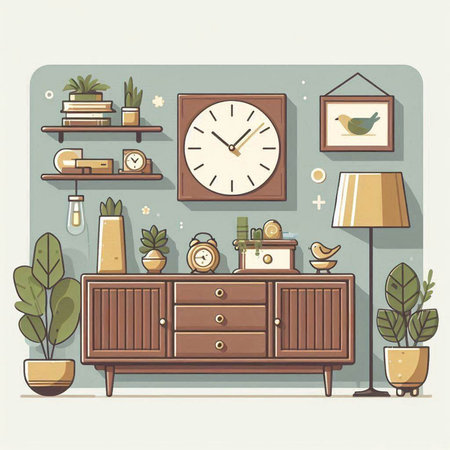 Vector illustration of living room interior with furniture and plants in flat style.のイラスト素材