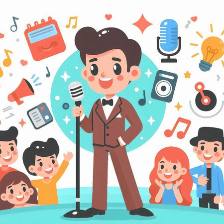 Vector Illustration Of Kids Singing On Stage With Microphone.のイラスト素材