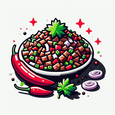 Illustration of a bowl of beef salad with chili pepper and onionsのイラスト素材