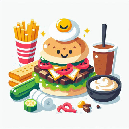 Fast food vector illustration. Cheeseburger, french fries, cola and vegetables.のイラスト素材