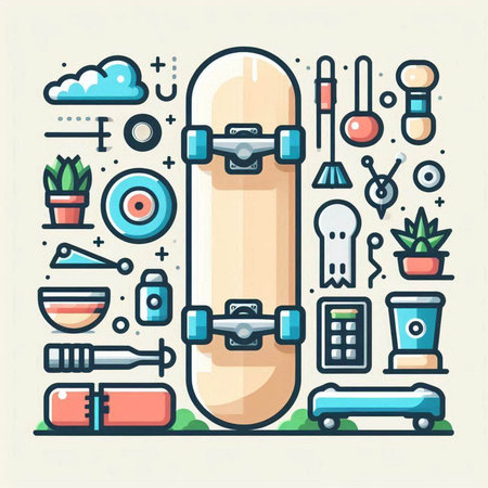 Skateboard flat line icons set. Modern vector illustration for web design and mobile appのイラスト素材