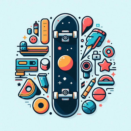 Skateboard and sport equipment in trendy linear style. Vector illustrationのイラスト素材