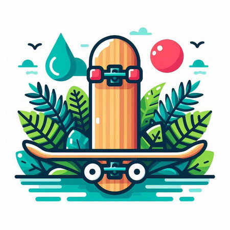 Skateboard vector flat illustration. Skateboard on the background of palm leaves and water drops.のイラスト素材
