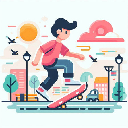 Skateboarder riding on skateboard. Flat style vector illustration.のイラスト素材