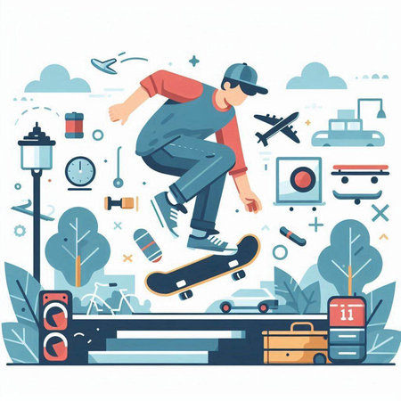 Skateboarder doing tricks on skateboard. Flat vector illustrationのイラスト素材