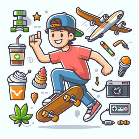 Skateboarder with skateboard. Vector illustration in cartoon styleのイラスト素材