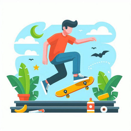 Skateboarder riding a skateboard on a ramp. Flat vector illustration.のイラスト素材