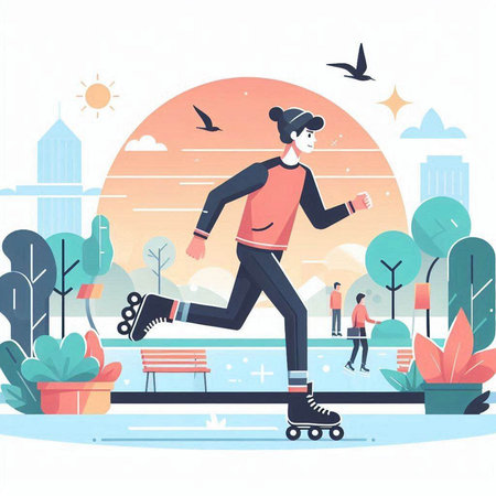 Woman riding on roller skates in the park. Vector illustration.のイラスト素材