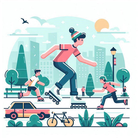 People riding on roller skates in the park. Vector illustration.のイラスト素材