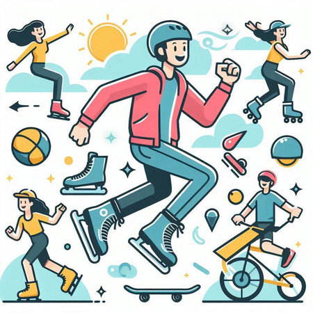 Vector illustration of people riding on roller skates and skateboarding. Flat style design.のイラスト素材