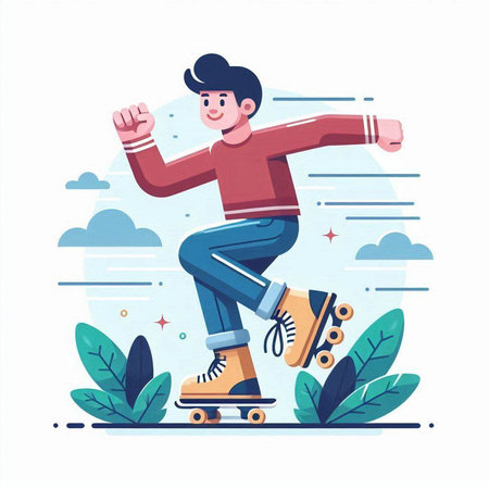 Young man riding on roller skates. Flat style vector illustration.のイラスト素材