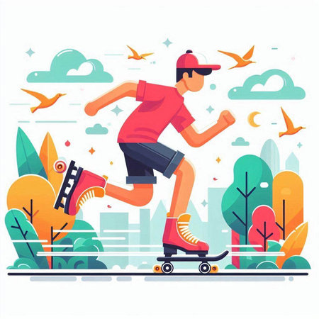 Roller skating flat vector illustration. Young man riding on skateboard in city park.のイラスト素材