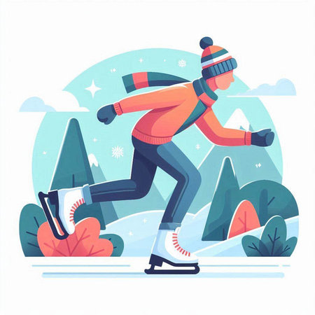 Winter sport. Young man skating in the park. Vector illustration.のイラスト素材