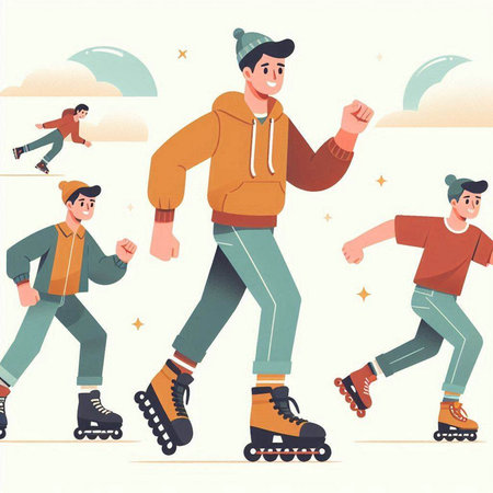 Vector illustration of a group of people on roller skates in the parkのイラスト素材