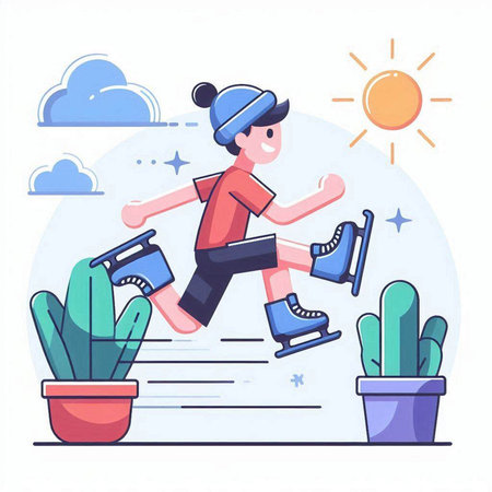Boy with skates jumping in the air. Flat vector illustration.のイラスト素材