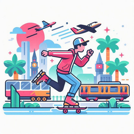 Vector illustration of a man riding a skateboard in the city.のイラスト素材