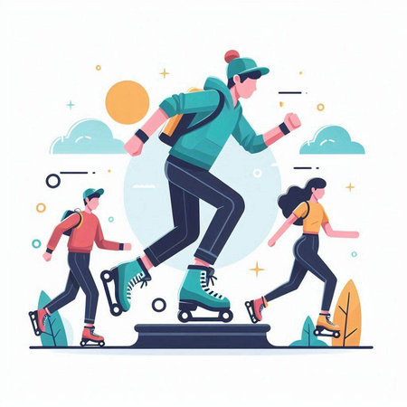People rollerblading on skateboard in the park. Flat vector illustration.のイラスト素材