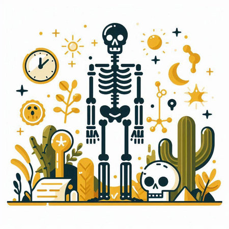 Vector illustration of skeleton, cactus and clock. Flat style.のイラスト素材