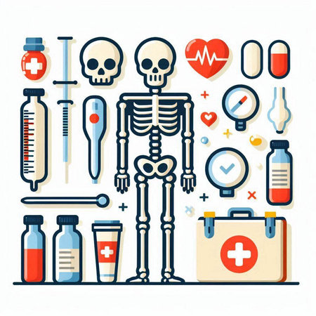 Vector illustration of a skeleton with a set of medical icons on a white background.のイラスト素材