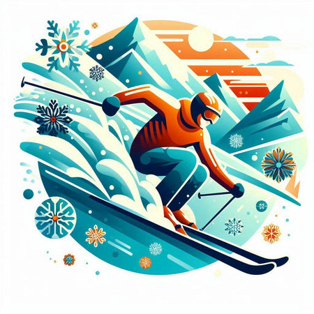 Winter sports - skier skiing in the mountains. Vector illustration.のイラスト素材