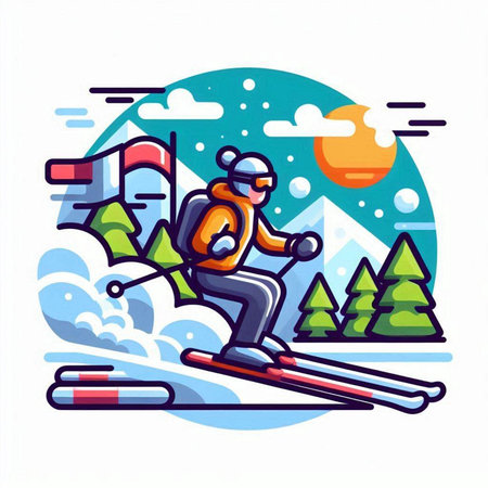 Ski resort. Skier in helmet and goggles skiing downhill. Vector illustrationのイラスト素材