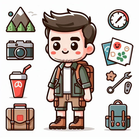 Cute boy with backpack and camping equipment. Vector cartoon illustration.のイラスト素材