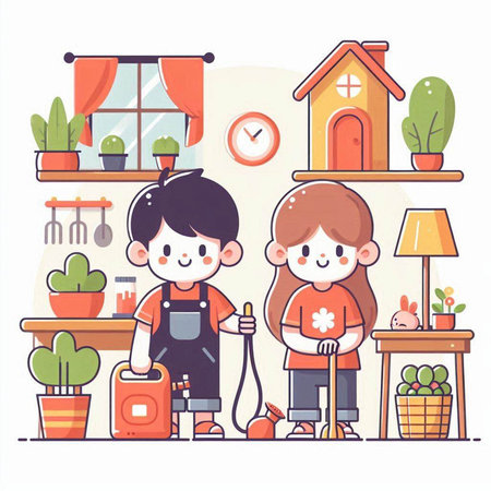 Boy and girl cleaning the house. Vector illustration in a flat styleのイラスト素材