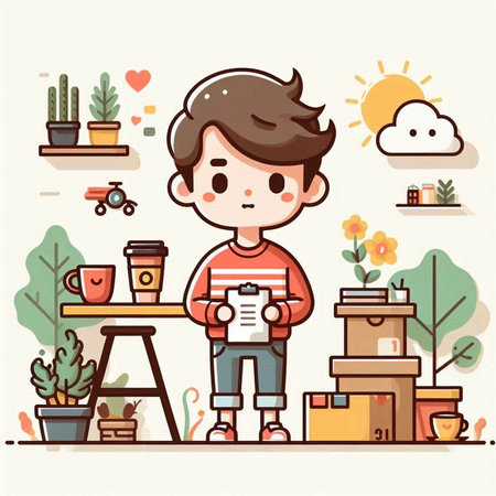 Cute little boy reading book at home. Flat style vector illustration.のイラスト素材