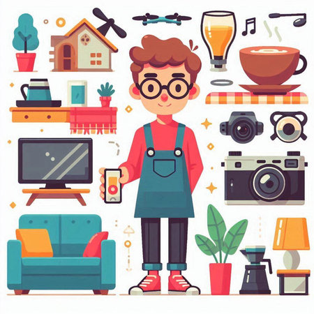 Cute cartoon guy in apron and glasses with smartphone in his hands. Vector illustrationのイラスト素材