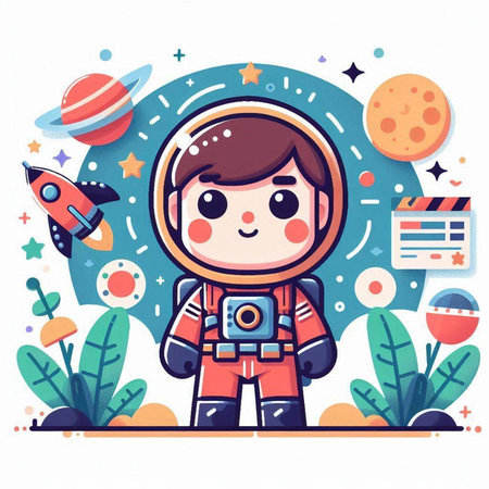 Cute little astronaut in outer space. Vector flat cartoon illustration.のイラスト素材