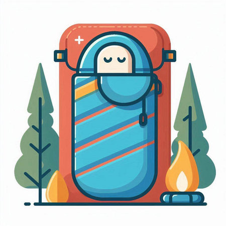 Vector illustration of cute cartoon character sleeping on a suitcase at the camping.のイラスト素材