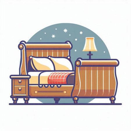 Comfortable bed with pillows and bedside table. Vector illustration.のイラスト素材