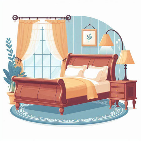 Bedroom interior with furniture, bed, lamp and curtains. Vector illustration in cartoon styleのイラスト素材