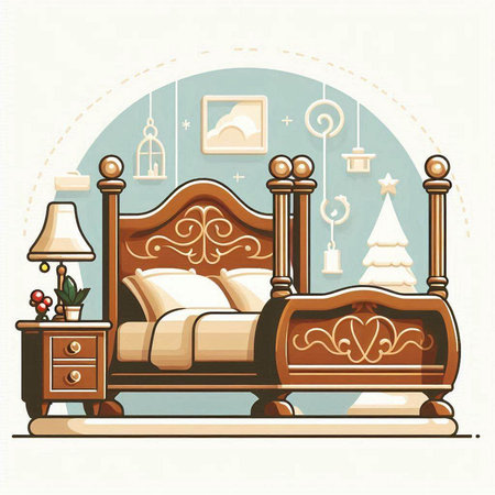 Vector illustration of a vintage bedroom interior with a bed and a Christmas treeのイラスト素材