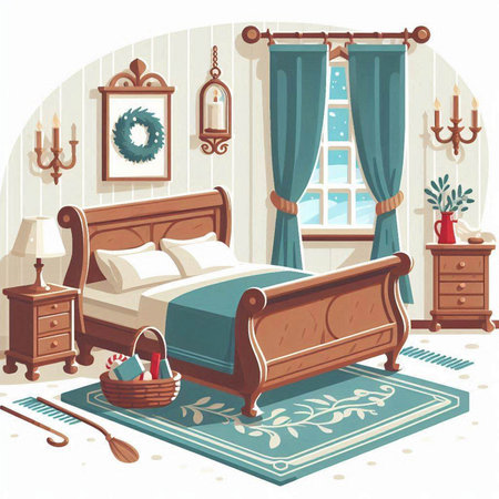 Bedroom interior. Bedroom with blue linens. Vector illustrationのイラスト素材