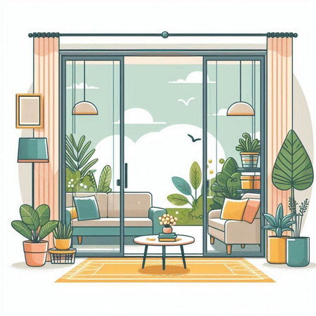 Illustration of a living room with a view from the window.のイラスト素材
