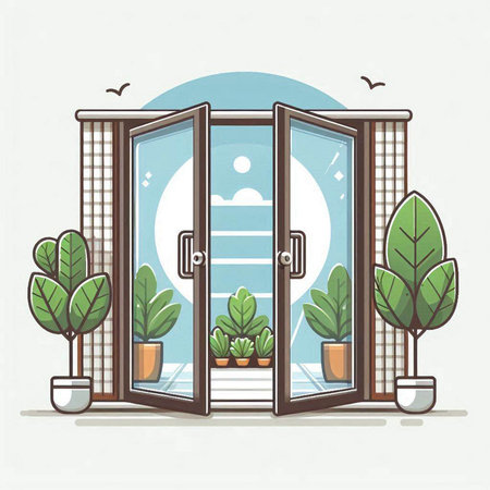 Open door with a view of the nature. Vector illustration in flat style.のイラスト素材