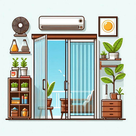 Modern interior of living room with air conditioner, bookshelf, furniture and plants. Flat vector illustration.のイラスト素材