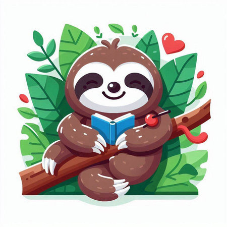 Cute cartoon sloth sitting on a branch and reading a book. Vector illustration.のイラスト素材